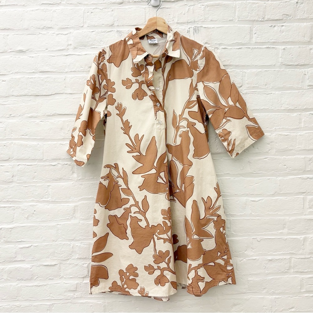Marie La Lune || A-Line Shirt Dress Cotton‎ Poplin Mini Floral Tan Small